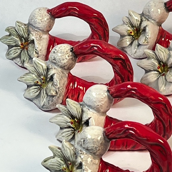 Napkin Rings Christmas Santa Hat White Poinsettia Hand Made Art Deco ￼holidays - Picture 6 of 8